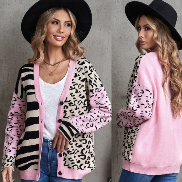 Tops - PINK BLACK Animal Print Buttons Cardigan